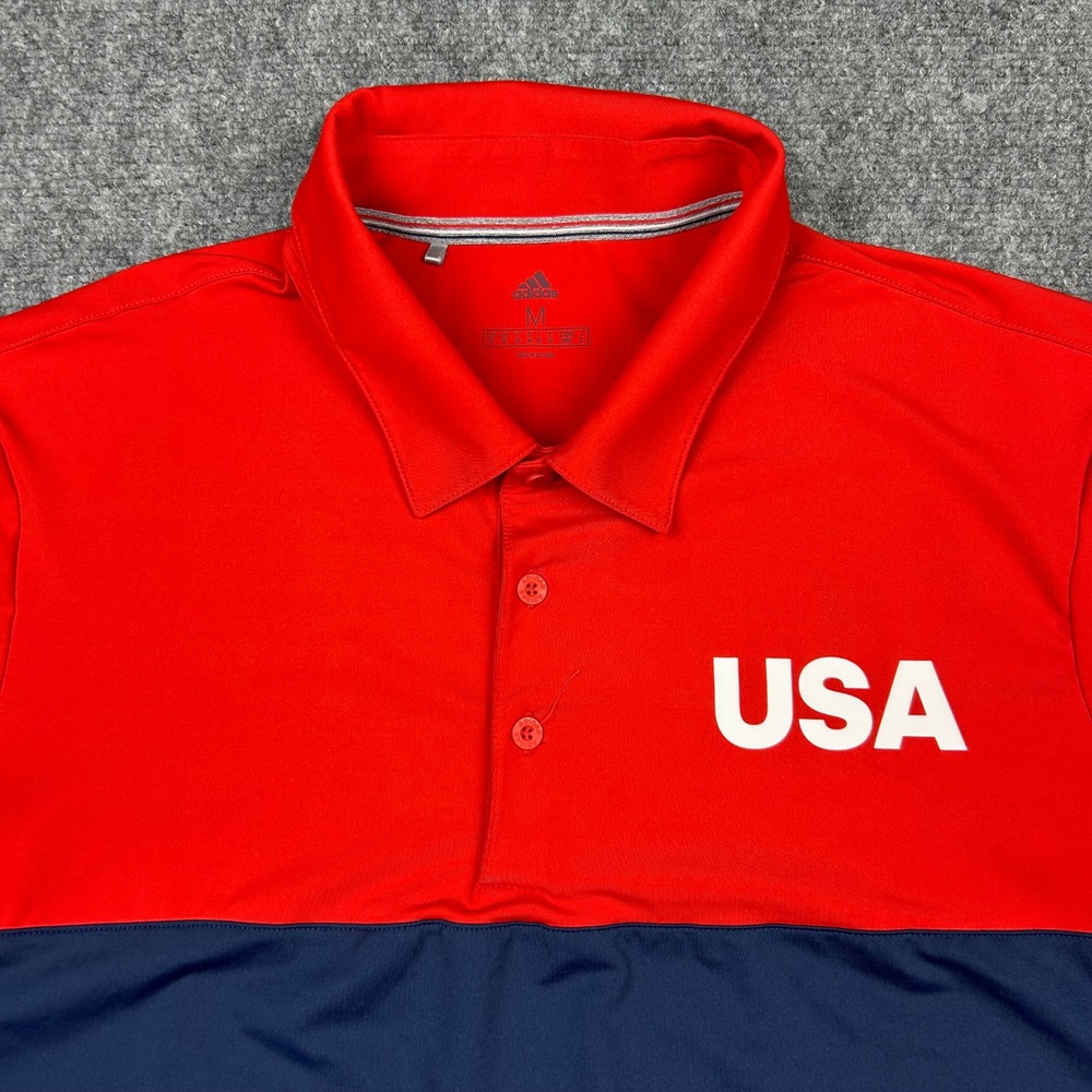 Adidas USA Polo Shirt Mens M Red Navy Athletic Perfromance Stretch Colorblock